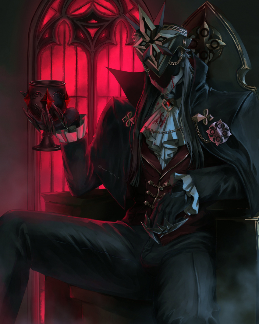 1boy, absurdres, black_gloves, black_pants, blood, capitano_(genshin_impact), chain, cup, emblem, faceless, genshin_impact, gloves, highres, holding, holding_cup, klaudea_x, long_sleeves, mask, pants, red_light, sitting, sitting_on_throne, smoke, suit, throne, window