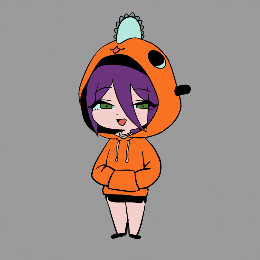1girl, chainsaw_man, character_hood, green_eyes, grey_background, hair_between_eyes, hands_in_pockets, hood