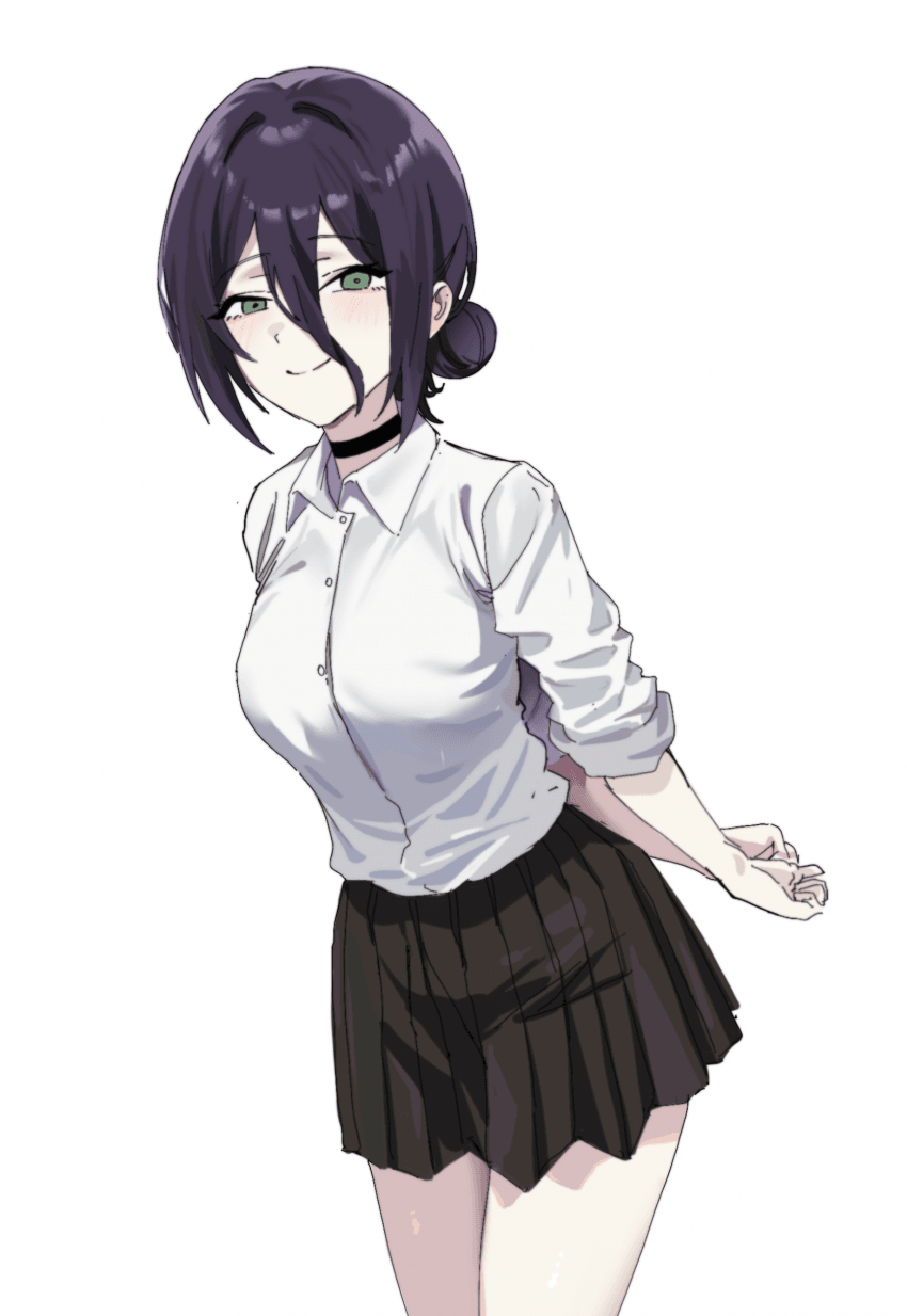 1girl, arms_behind_back, black_choker, black_skirt, chainsaw_man, choker, collared_shirt, hair_bun, highres, looking_at_viewer, nakajima_(user111860274), pleated_skirt, purple_hair, reze_(chainsaw_man), school_uniform, shirt, shirt_tucked_in, simple_background, skirt, solo, white_background, white_shirt