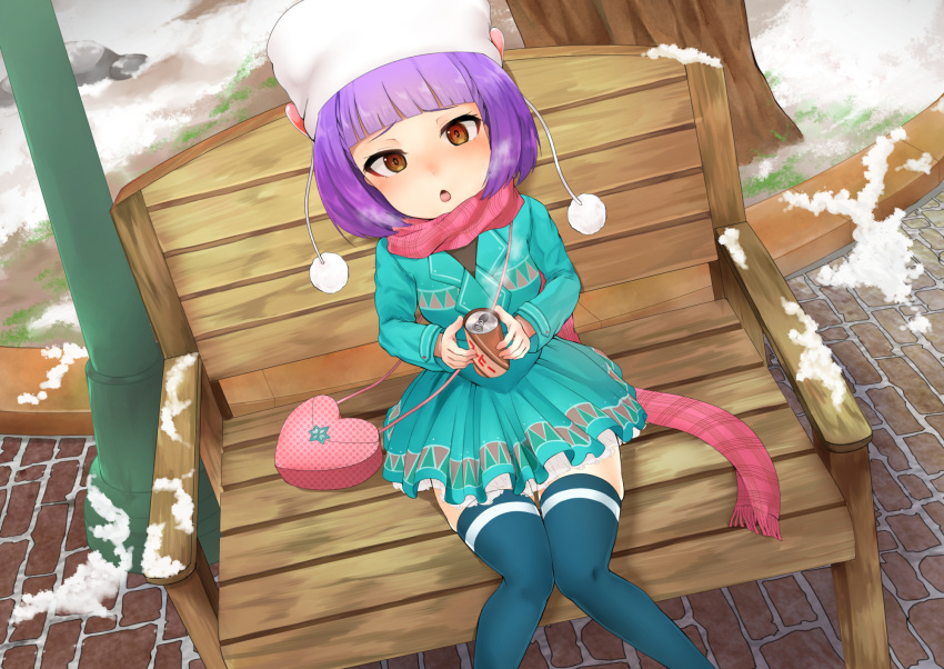 1girl, aya_(wixoss), bench, black_thighhighs, blue_dress, blush, brown_eyes, can