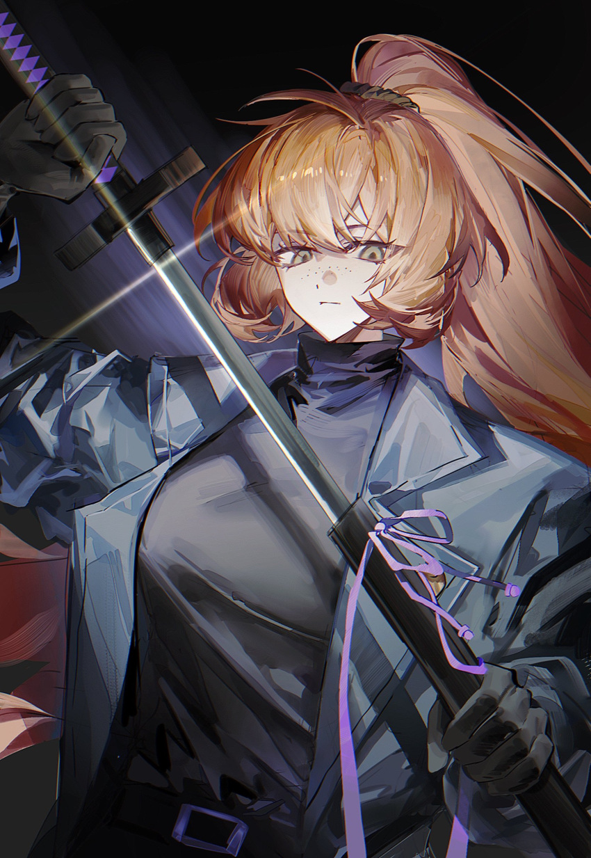1girl, absurdres, belt, black_background, black_belt, black_gloves, black_shirt, blue_jacket, bochishiraita, brown_hairband, freckles, gloves, green_eyes, hairband, highres, holding, holding_sword, holding_weapon, ishmael_(project_moon), jacket, jeong's_office_(identity), katana, limbus_company, long_hair, long_sleeves, looking_at_viewer, orange_hair, project_moon, purple_ribbon, ribbon, serious, sheath, shirt, solo, sword, turtleneck, unsheathing, upper_body, very_long_hair, weapon
