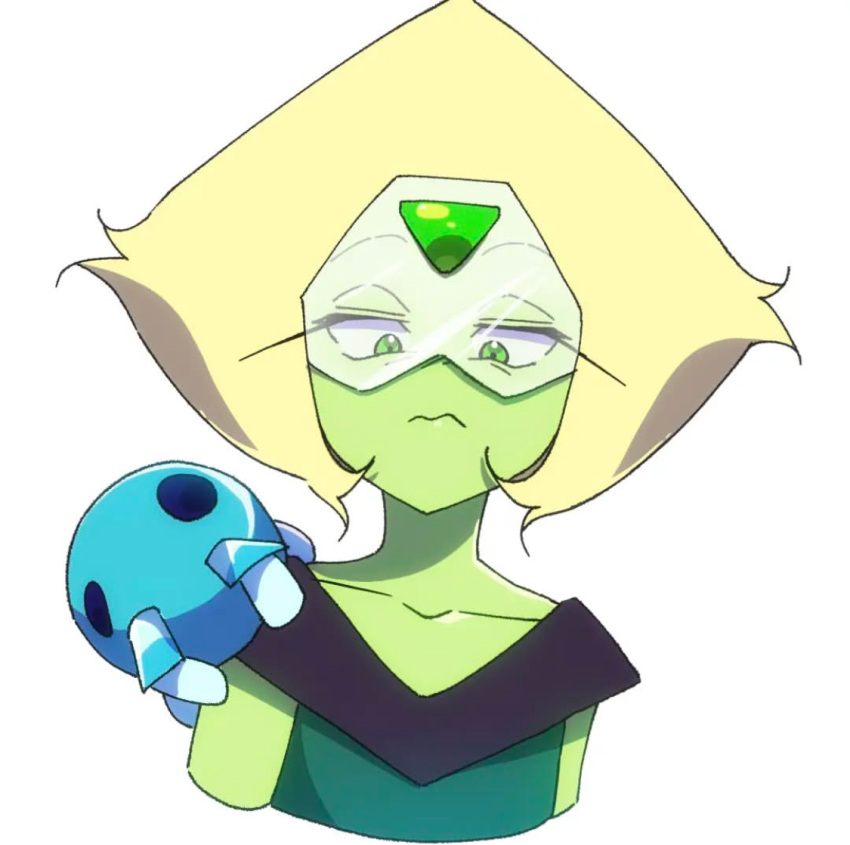 1girl, alien, annabird2520, closed_mouth, collarbone, colored_skin, face_shield, forehead_jewel