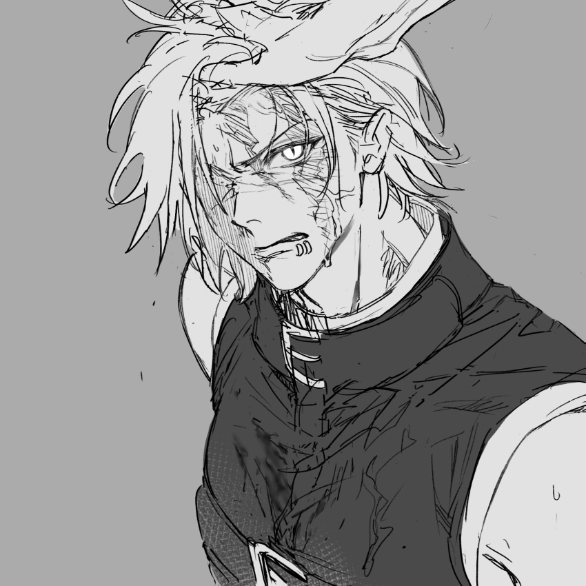 1boy, 1other, angry, chest_belt, granyon, greyscale, hand_on_another's_head, highres, kagurabachi, looking_at_viewer, male_focus, messy_hair, monochrome, natsuki_misaka, scar, scar_across_eye, scar_on_face, shirt, short_hair, simple_background, sleeveless, sleeveless_shirt, slit_pupils, solo_focus