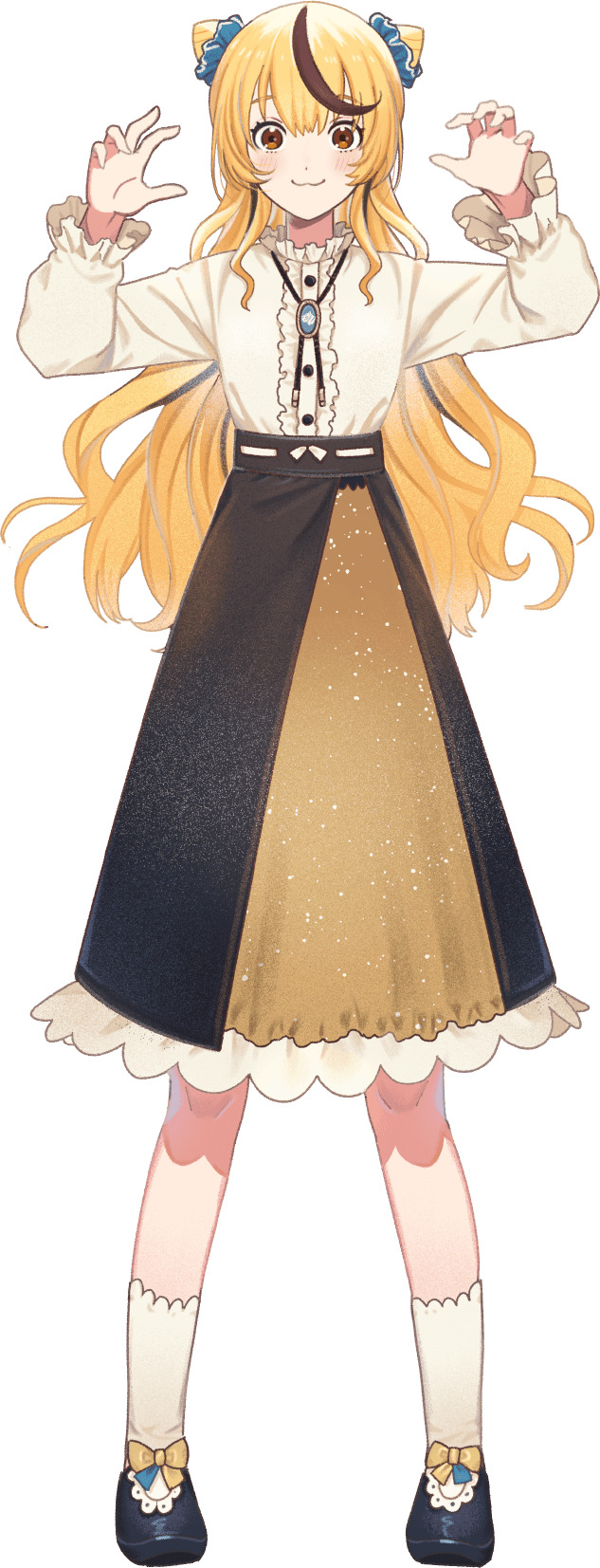 1girl, :3, alternate_art_style, bandai_namco, black_eyes, black_shoes, black_skirt, blue_scrunchie
