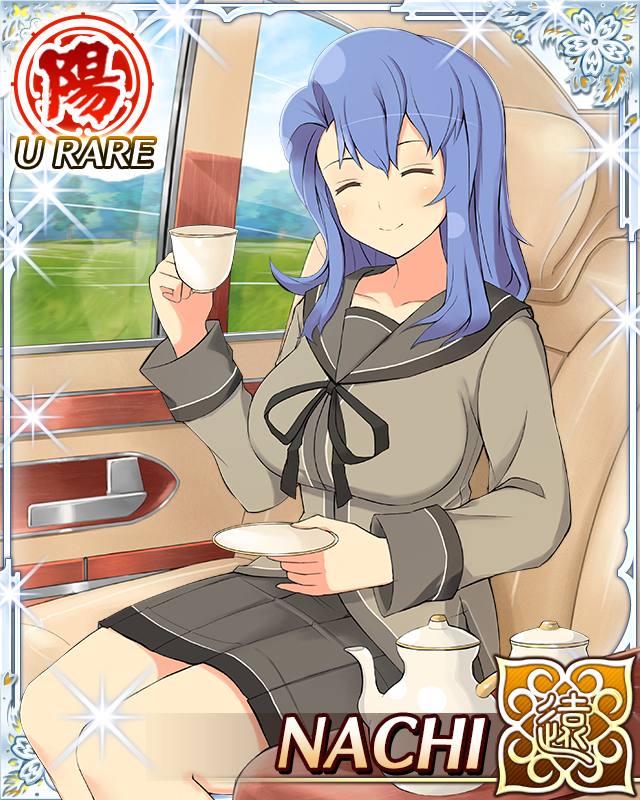 1girl, blue_hair, breasts, car, card_(medium), closed_eyes, closed_mouth, cup