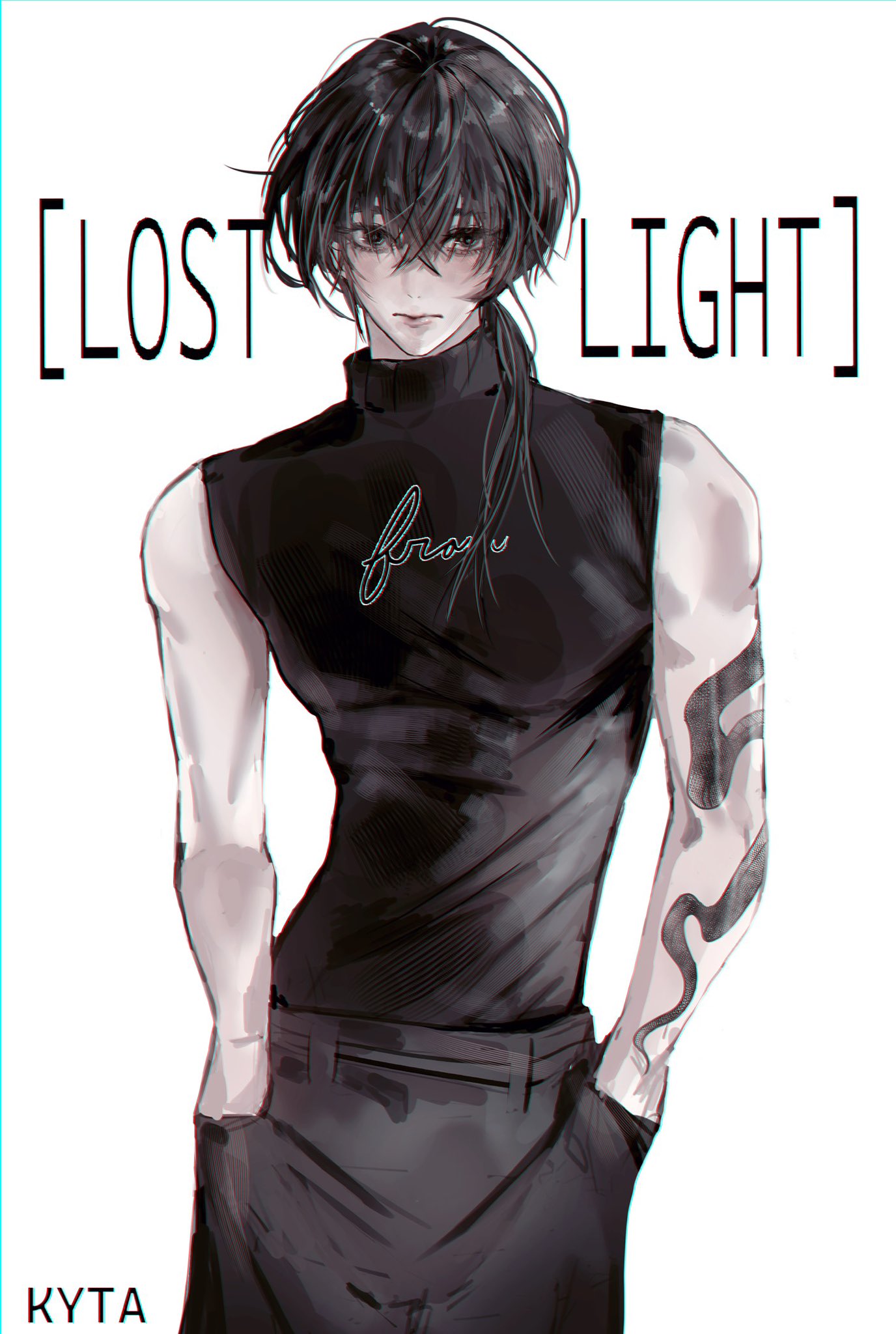 1boy, arm_tattoo, black_eyes, black_hair, black_tank_top, character_name, contrapposto, expressionless