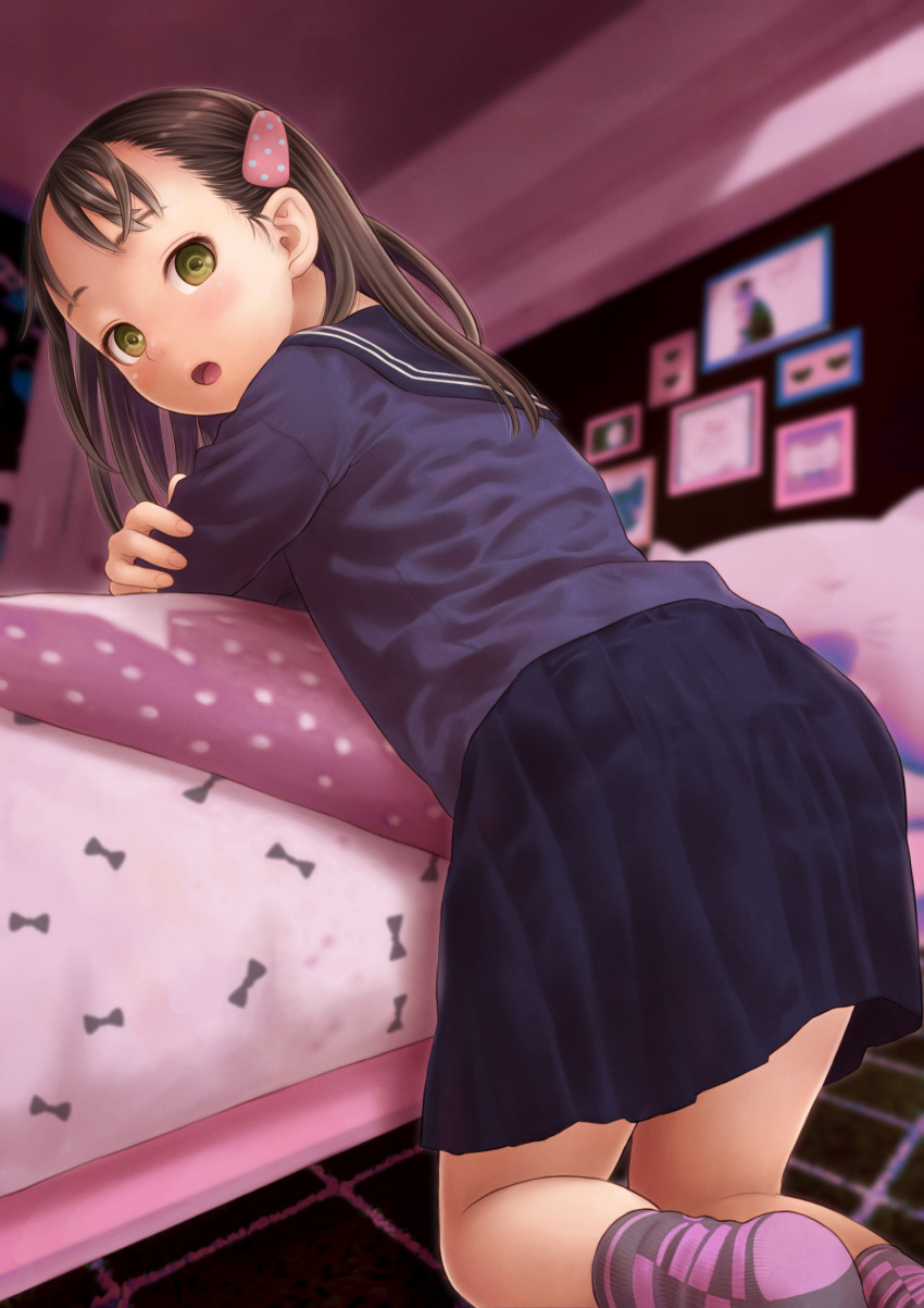 1girl, against_bed, bed, bedroom, blue_sailor_collar, blue_shirt, blue_skirt, brown_eyes