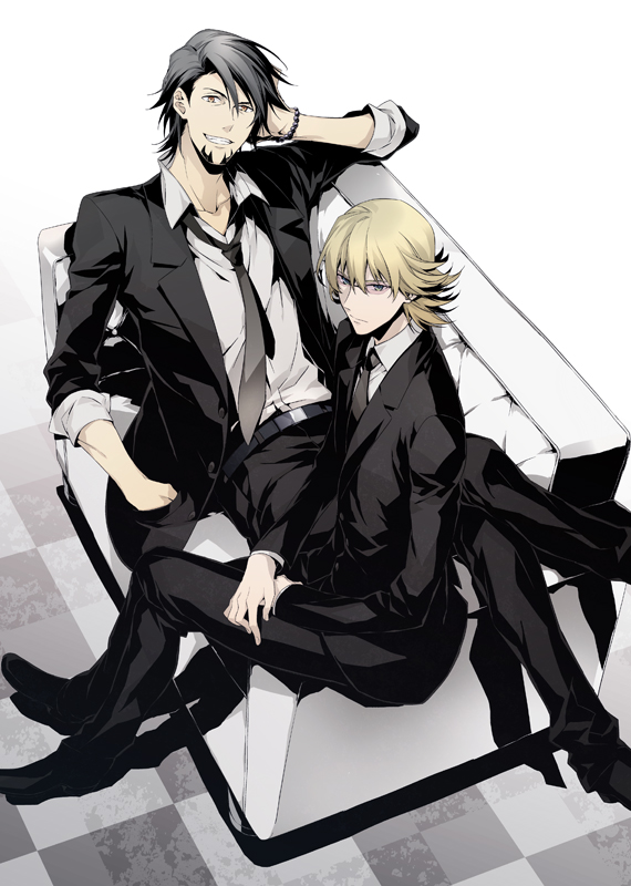 barnaby_brooks_jr, black_hair, blonde_hair, couch, formal, glasses, kaburagi_t_kotetsu, lying
