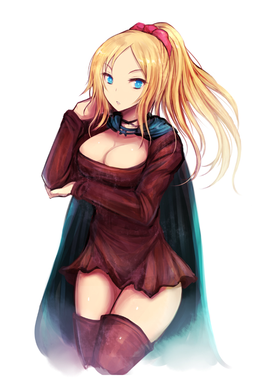 blonde_hair, blue_eyes, boots, bow, breasts, cape, cleavage, color_(artist), final_fantasy, final_fantasy_tactics, hair_bow, high_ponytail, kara_(color), large_breasts, long_hair, ponytail, simple_background, solo, thigh-highs, thigh_boots, thighhighs, thighs, valmafra_lenande, zettai_ryouiki