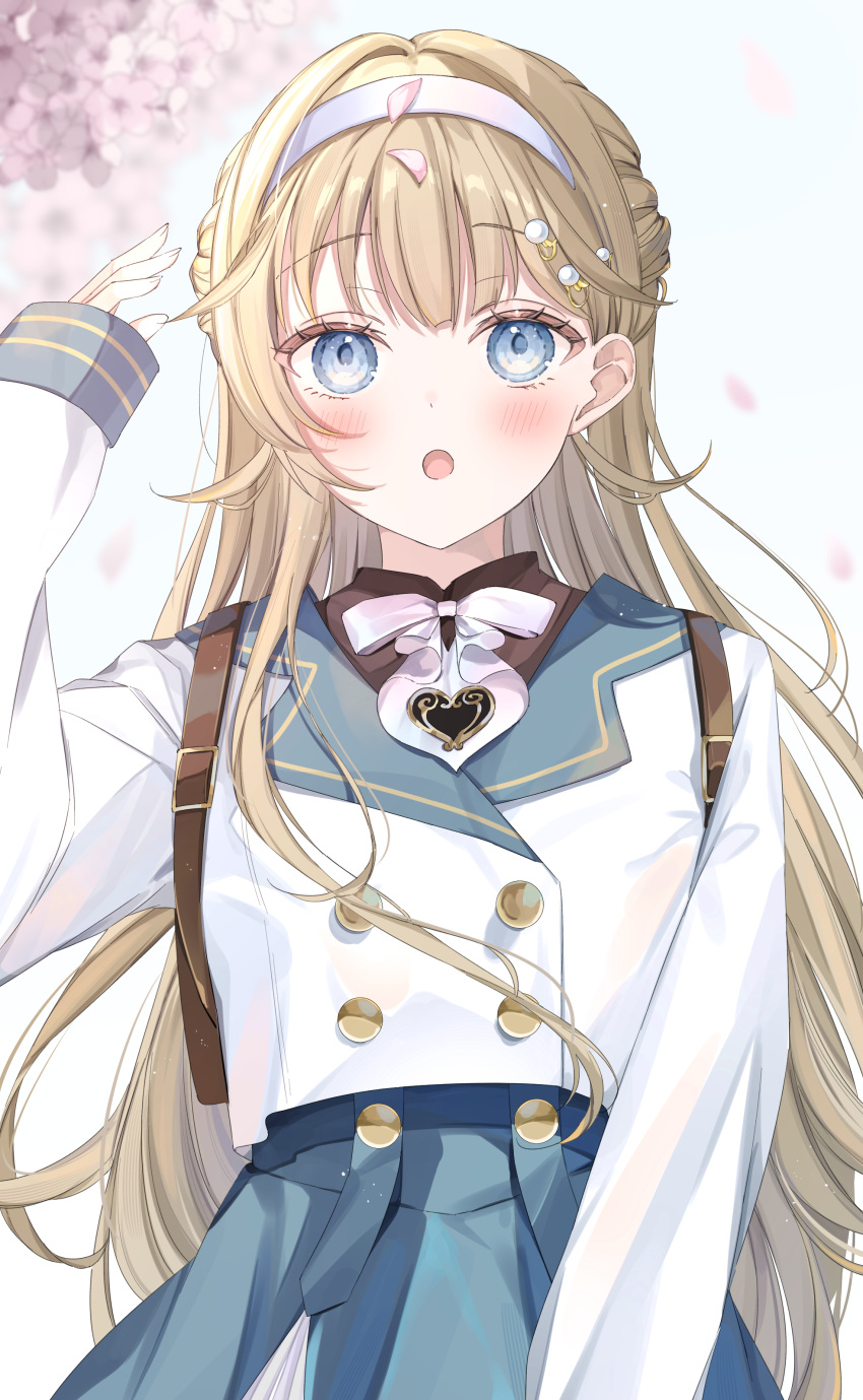 1girl, absurdres, aqua_skirt, bad_arm, blazer, blonde_hair, blue_eyes, blush, bow, bowtie, buttons, cattleya_regina_games, double-breasted, falling_petals, hairband, half_updo, hanabusa_lisa, hanabusa_lisa_(5th_costume), high-waist_skirt, highres, jacket, long_hair, open_mouth, pearl_hair_ornament, petals, sailor_collar, shain, skirt, sleeve_cuffs, sleeves_past_wrists, solo, upper_body, virtual_youtuber, vspo!, white_bow, white_bowtie