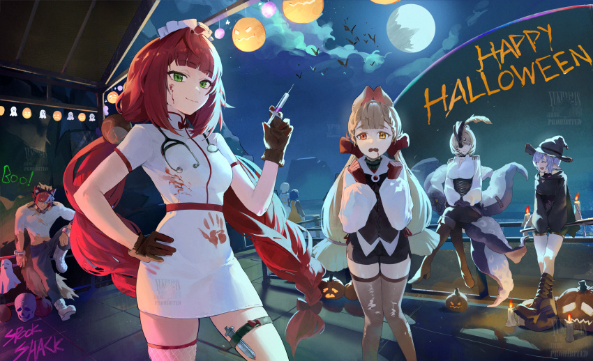 2boys, 4girls, alice_thymefield, alternate_costume, animal_ears, bat_(animal), belle_(delicate_sunlight)_(zenless_zone_zero), belle_(zenless_zone_zero)