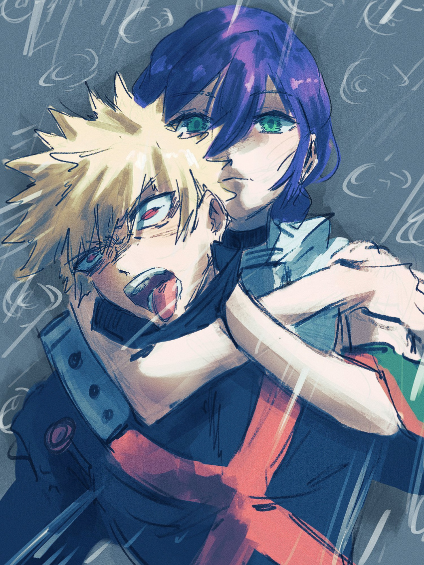 1boy, 1girl, baku_mbu, bakugou_katsuki, black_choker, black_jumpsuit, blonde_hair, boku_no_hero_academia