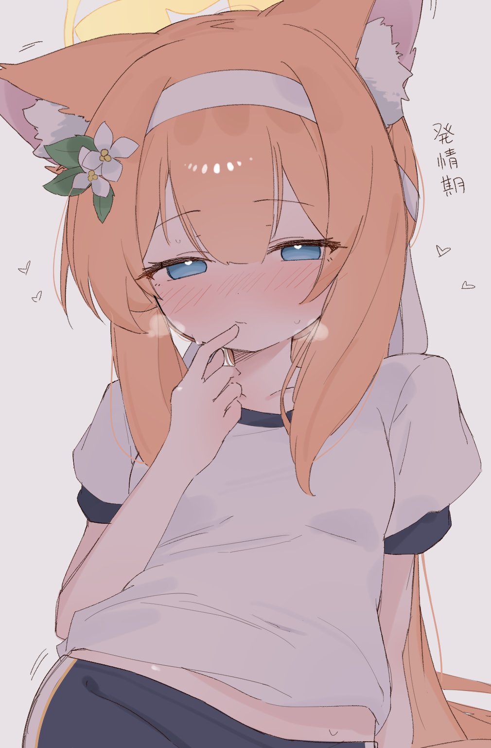 1girl, animal_ear_fluff, animal_ears, blue_archive, blue_eyes, blue_shorts, blush, breath, bright_pupils, cat_ears, cat_girl, closed_mouth, collarbone, commentary, dot_nose, double-parted_bangs, finger_to_mouth, flower, full-face_blush, gym_shorts, gym_uniform, hair_between_eyes, hair_flower, hair_ornament, hairband, halo, hand_up, heart, heart-shaped_pupils, highres, index_finger_raised, long_hair, long_sidelocks, looking_at_viewer, mari_(blue_archive), mari_(track)_(blue_archive), midriff_peek, narrowed_eyes, official_alternate_costume, orange_hair, shirt, short_sleeves, shorts, sidelocks, simple_background, solo, sweatdrop, symbol-only_commentary, symbol-shaped_pupils, t-shirt, tntl_nemui, translated, upper_body, very_long_hair, white_background, white_flower, white_hairband, white_pupils, white_shirt, yellow_halo