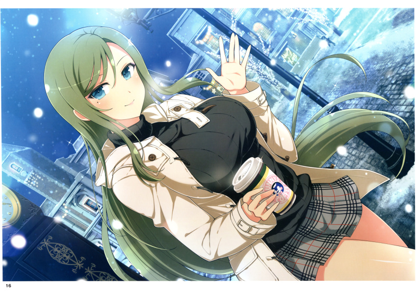 1girl, absurdres, black_sweater, blue_eyes, breasts, christmas_lights, closed_mouth, coat
