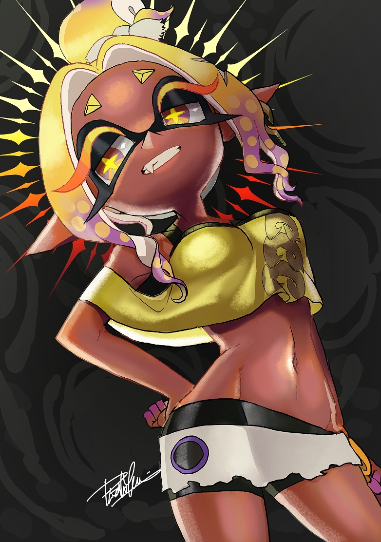 bike_shorts, blonde_hair, breasts, colored_eyelashes, colored_fingertips, crop_top, dark-skinned_female, dark_skin