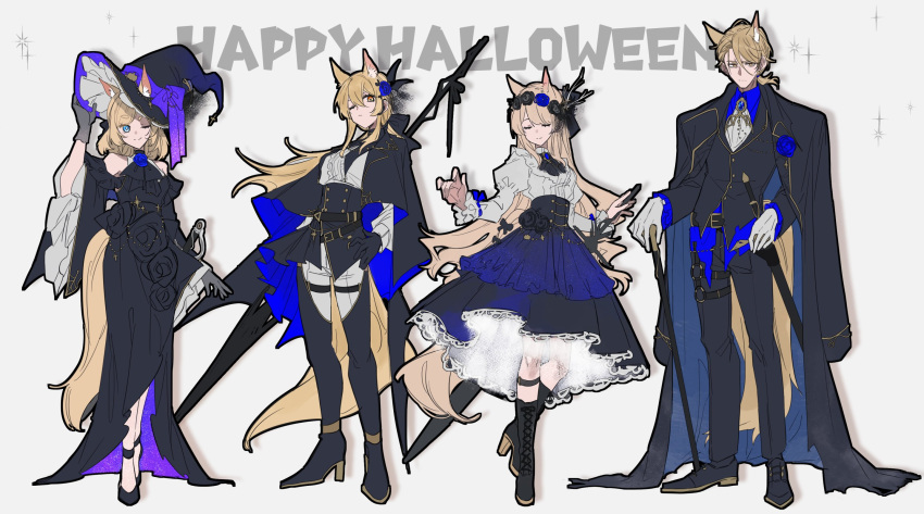 1boy, 3girls, animal_ear_fluff, animal_ears, arknights, black_capelet, black_coat, black_dress