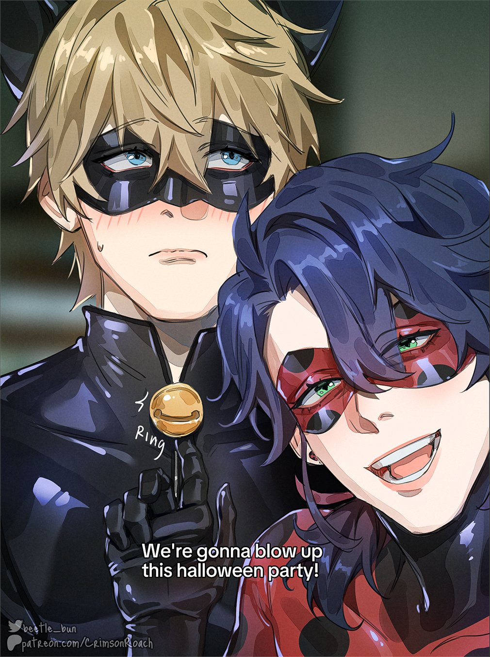 2boys, :d, animal_ear_hairband, animal_ears, artist_name, beetle_bun, bell, black_bodysuit