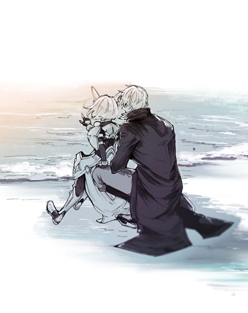 1boy, 1girl, absurdres, arm_behind_back, armor, armored_boots, armored_gloves, beach