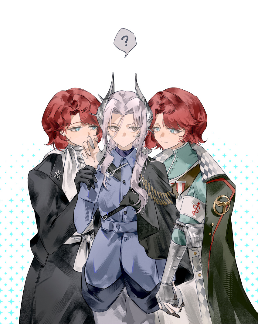 3girls, ?, absurdres, armband, black_cape, black_gloves, black_jacket, black_skirt, blue_eyes, blue_jacket, blue_shirt, cape, closed_mouth, coat, coat_on_shoulders, dual_persona, facing_viewer, gauntlets, gloves, green_coat, grey_hair, hair_ornament, hand_up, highres, holding_another's_wrist, holding_hands, jacket, ju_(zd1265), long_hair, looking_to_the_side, low_ponytail, marsha_(reverse:1999), military_uniform, multiple_girls, pants, ponytail, red_hair, reverse:1999, rifle_cartridge, rod_of_asclepius, sentinel_(reverse:1999), shirt, short_hair, side_cape, skirt, sparkle_background, speech_bubble, spoken_question_mark, sweat, white_background, white_pants, white_shirt, yuri