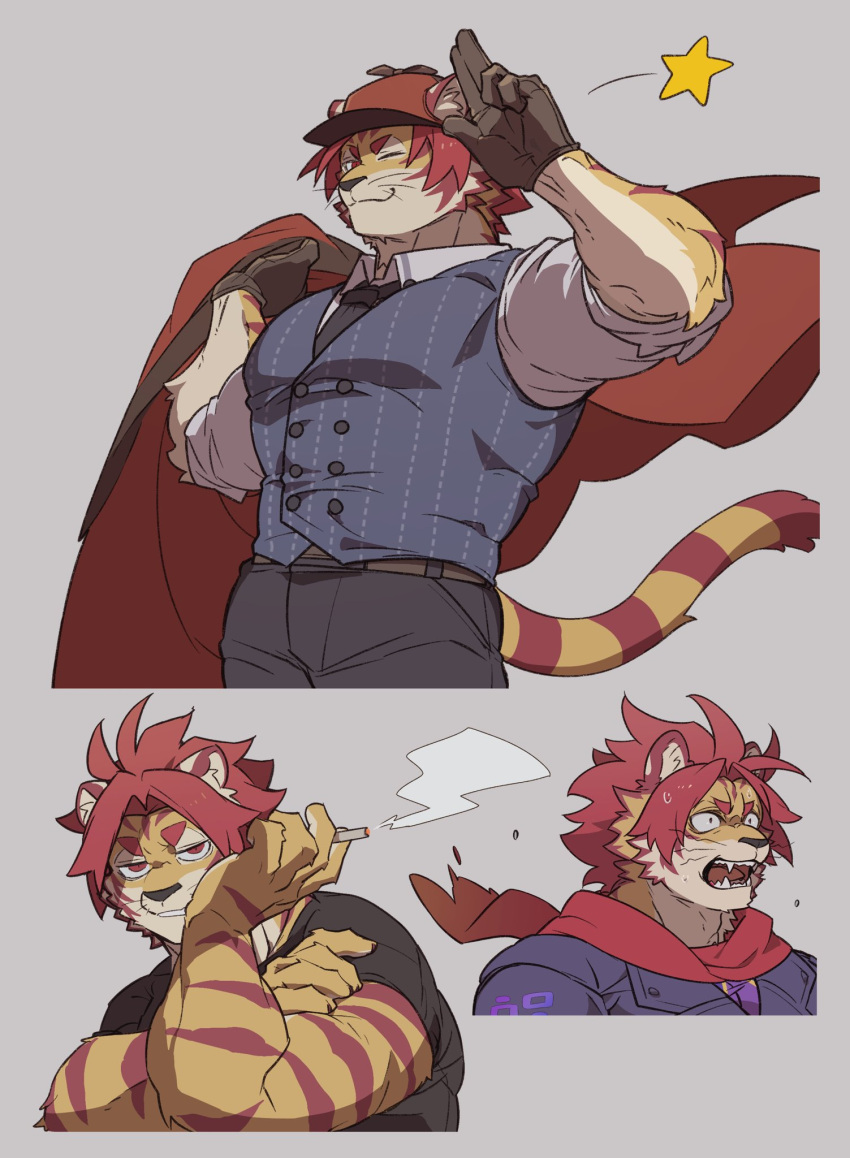1boy, ascot, black_ascot, black_shirt, cape, cigarette, commentary, cyp1a2, furry, furry_male, grey_background, grey_vest, highres, male_focus, nomad_(housamo), one_eye_closed, open_mouth, red_cape, red_eyes, red_hair, red_scarf, salute, scarf, shirt, short_hair, simple_background, smile, smoking, star_(symbol), symbol-only_commentary, tiger_boy, tokyo_afterschool_summoners, vest