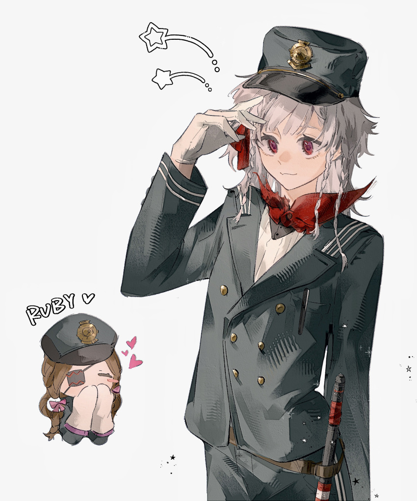 2girls, absurdres, aima_(reverse:1999), black_hat, black_jacket, braid, braided_hair_rings, brown_hair