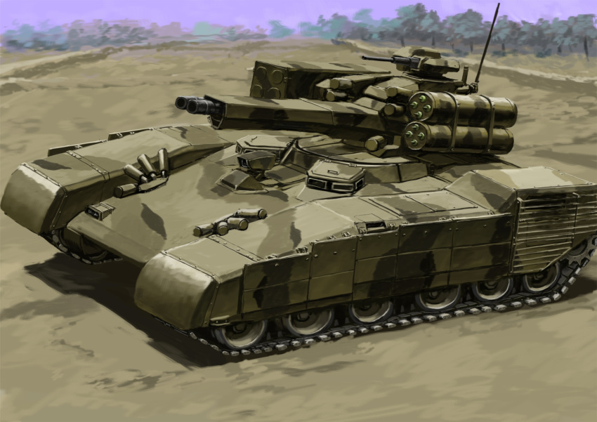 blue_sky, camouflage, caterpillar_tracks, highres, military, military_vehicle, motor_vehicle, no_humans