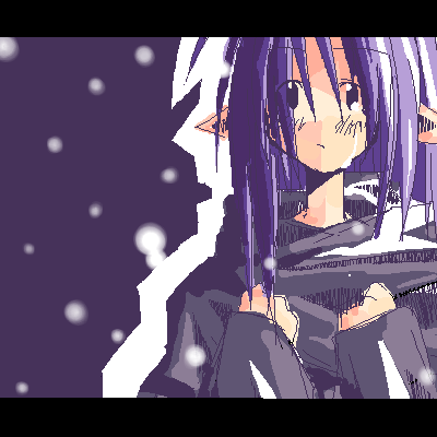 1girl, archived_source, asami_natsuhito, black_cloak, black_eyes, black_sleeves, blue_background, blue_hair, cloak, jaggy_lines, letterboxed, light_frown, long_hair, lowres, no_sclera, original, pointy_ears, single_tear, snowing, solo, straight_hair, turtleneck, turtleneck_cloak, upper_body