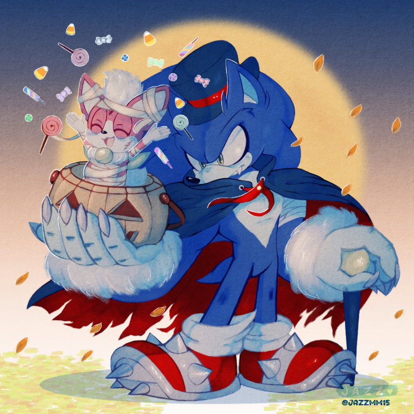 2boys, bandages, blue_fur, candy, cape, chip_(sonic), fang, food