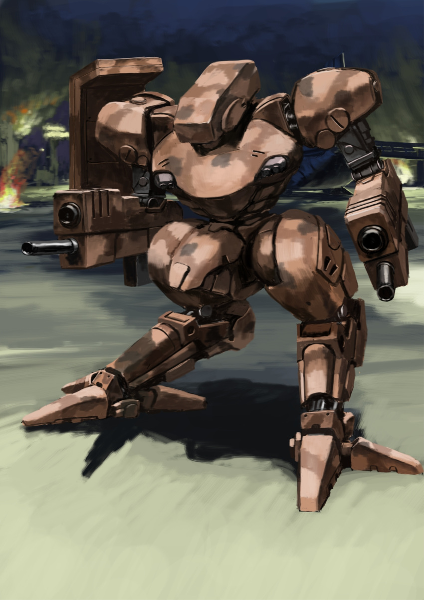 1other, arm_cannon, dual_arm_cannons, dual_wielding, front_mission, gun, gust_(front_mission), highres, holding, mecha, no_humans, reverse-jointed_legs, robot, tyokugekidato, weapon