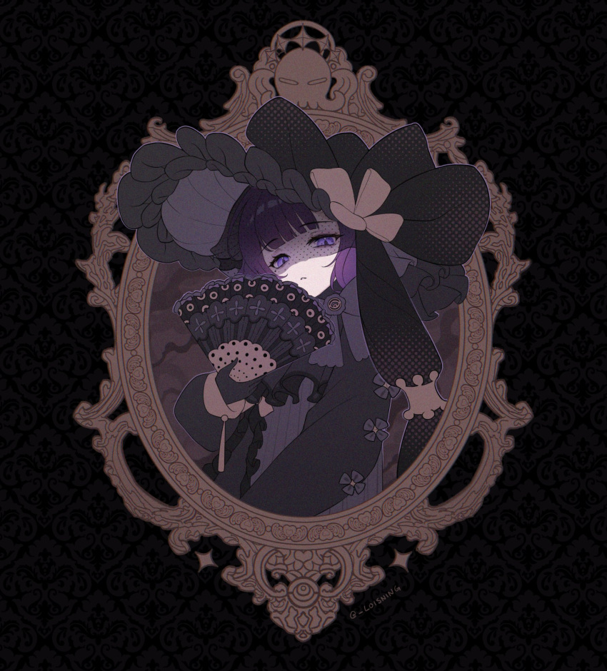 1girl, alternate_costume, black_background, black_bonnet, black_dress, black_gloves, black_hat, black_veil