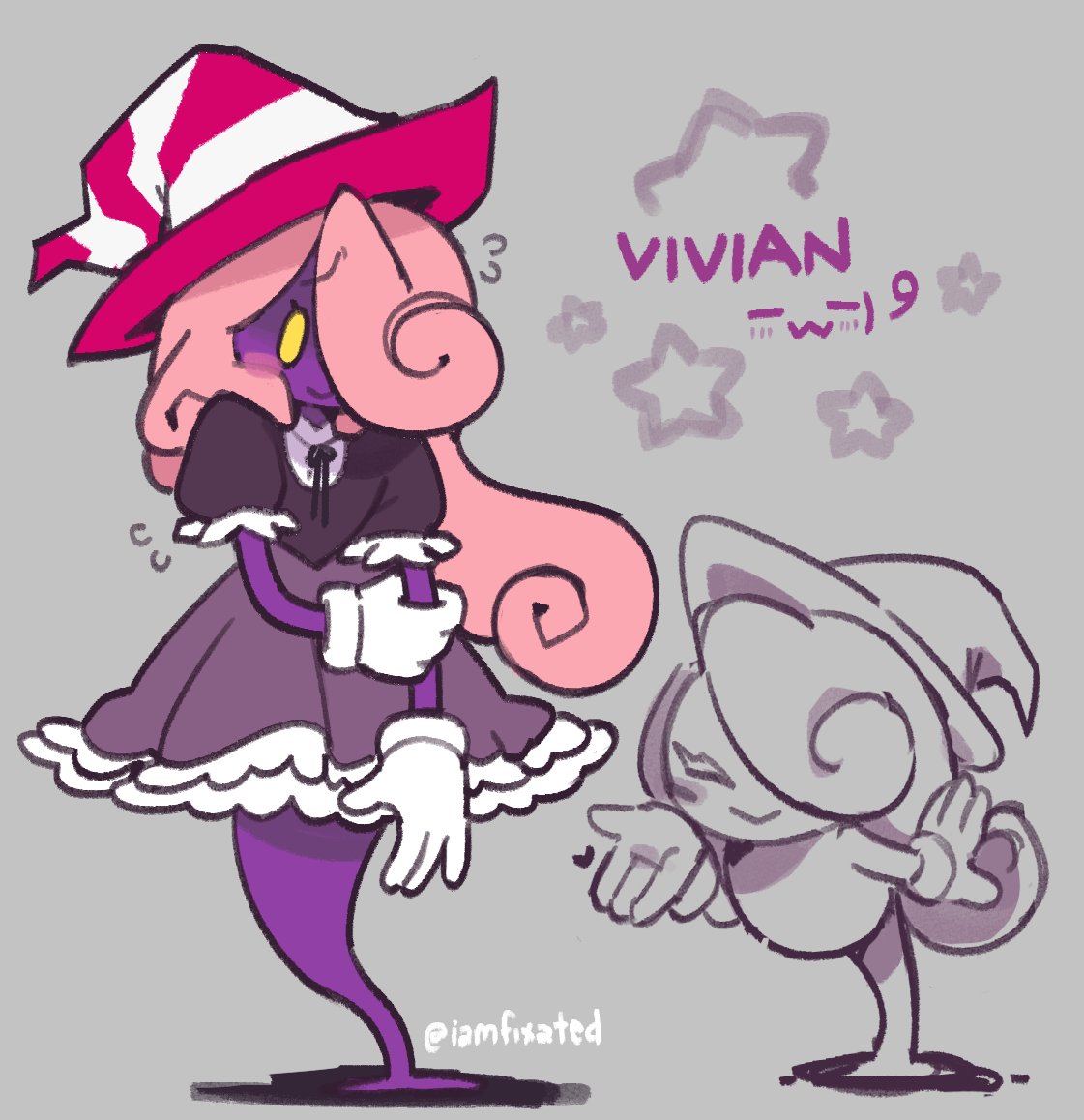1girl, alternate_costume, blush, colored_skin, curly_hair, dress, frilled_dress, frills, ghost, ghost_girl, ghost_tail, grey_background, hat, holding_own_arm, iamfixated, paper_mario, paper_mario:_the_thousand-year_door, pink_hair, purple_skin, solo, striped_clothes, striped_hat, striped_headwear, super_mario_bros., vivian_(paper_mario), witch_hat, yellow_eyes