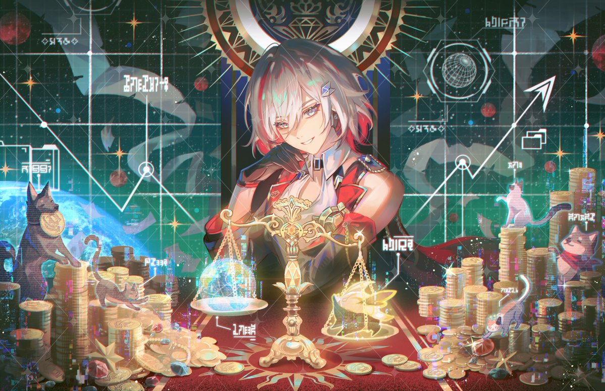 1girl, black_gloves, cat, coin, colored_inner_hair, commission, gem, gloves