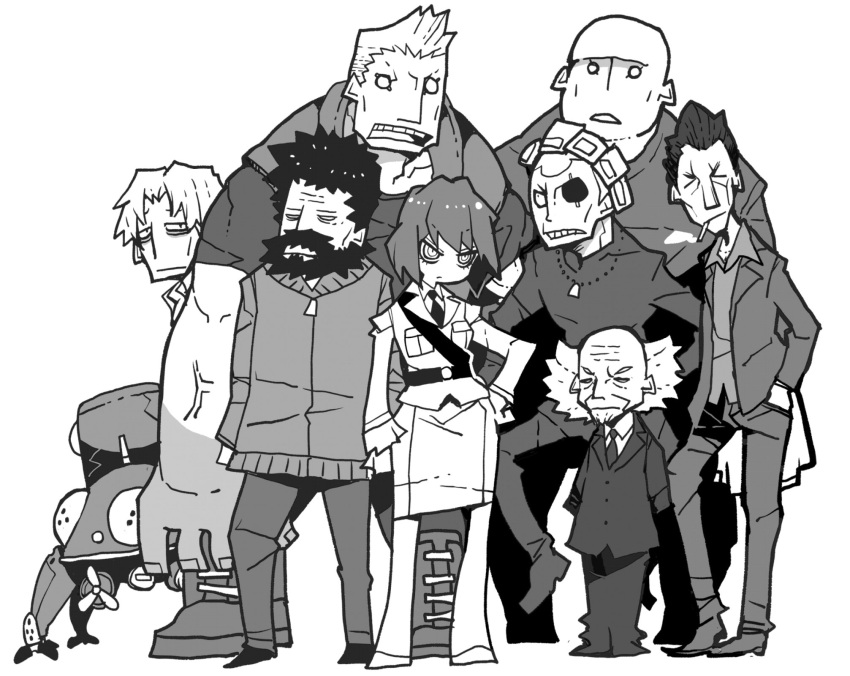 1girl, 6+boys, anger_vein, aramaki_daisuke, arms_behind_back, artificial_eye, bags_under_eyes, bald