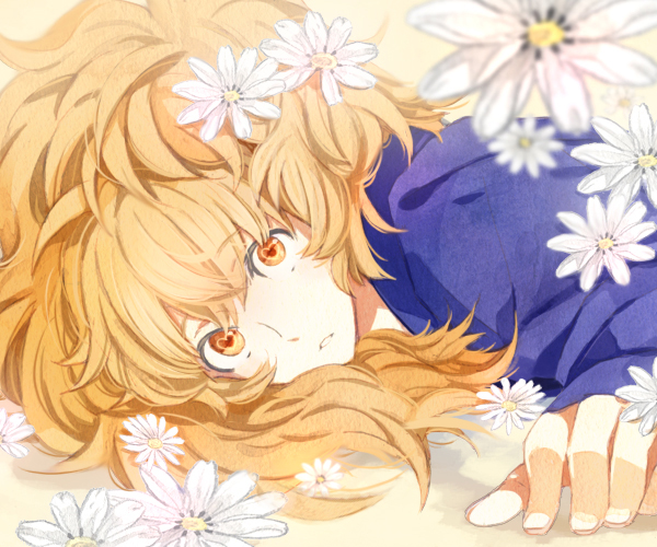 flower, gomas, hair_flower, hair_ornament, hands, lying, original, solo