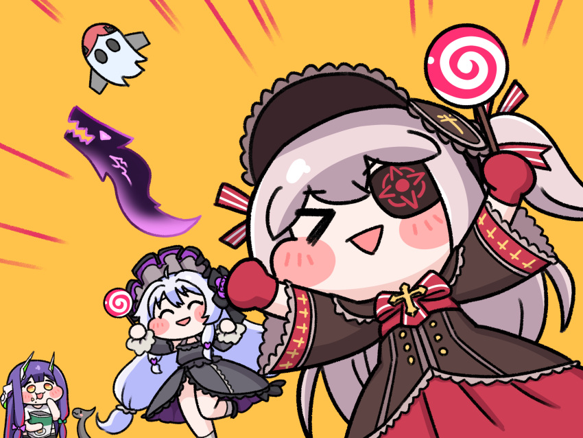 ahoge, alterkero, black_bonnet, blush_stickers, bonnet, candy, chibi, chips_(food)