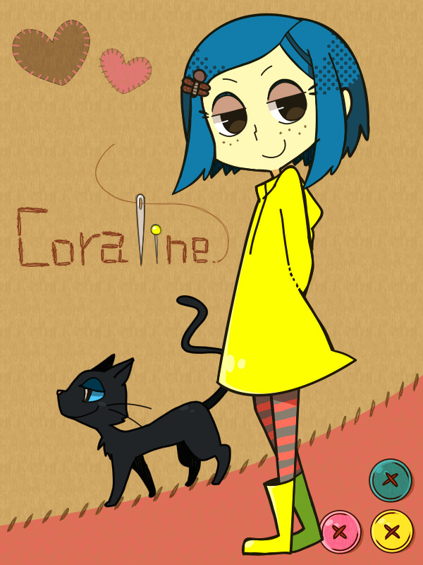 1girl, arms_behind_back, black_cat, blue_hair, boots, brown_eyes, buttons, cat, cat_(coraline), character_name, closed_mouth, commentary_request, copyright_name, coraline, coraline_(movie), coraline_jones, dragonfly_hair_ornament, freckles, hood, hood_down, hooded_coat, long_sleeves, looking_at_viewer, needle, pantyhose, raincoat, rubber_boots, sewing_needle, short_hair, smile, striped_clothes, striped_pantyhose, tsunoji, two-tone_background, yellow_boots, yellow_raincoat