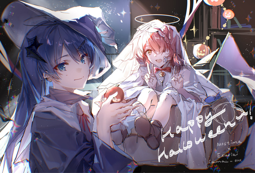 2girls, apple, arknights, bandaid, bandaid_on_face, blue_hair, chromatic_aberration, commentary
