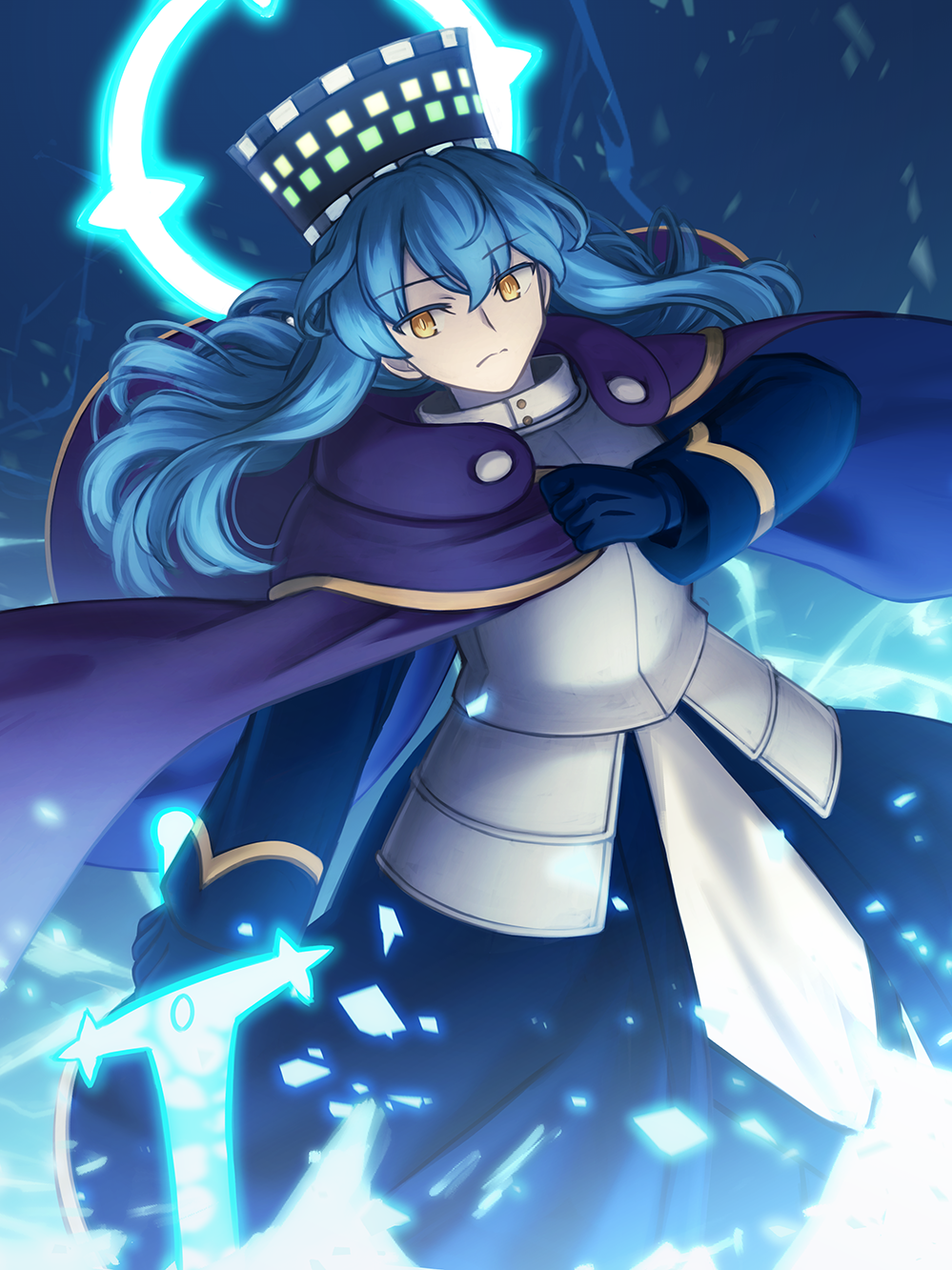1girl, armor, armored_dress, blue_dress, blue_gloves, blue_hair, breastplate, cape, closed_mouth, commentary_request, commission, dress, fate_(series), floating_hair, gloves, glowing, glowing_sword, glowing_weapon, highres, holding, holding_sword, holding_weapon, justinian_the_great, long_hair, long_sleeves, looking_at_viewer, original, purple_cape, shoori_(migiha), solo, sword, weapon, yellow_eyes