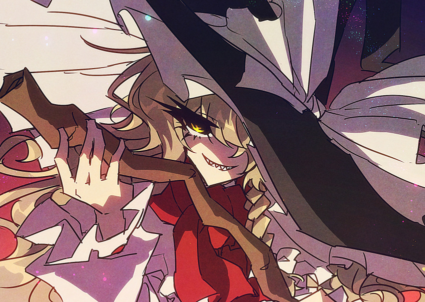 1girl, black_hat, blonde_hair, bow, braid, grin, hand_up, hat, hat_bow, highres, holding, kirisame_marisa, long_hair, looking_at_viewer, sharp_teeth, shirt, single_braid, smile, solo, teeth, togeppoi, touhou, upper_body, white_bow, white_shirt, witch_hat, yellow_eyes