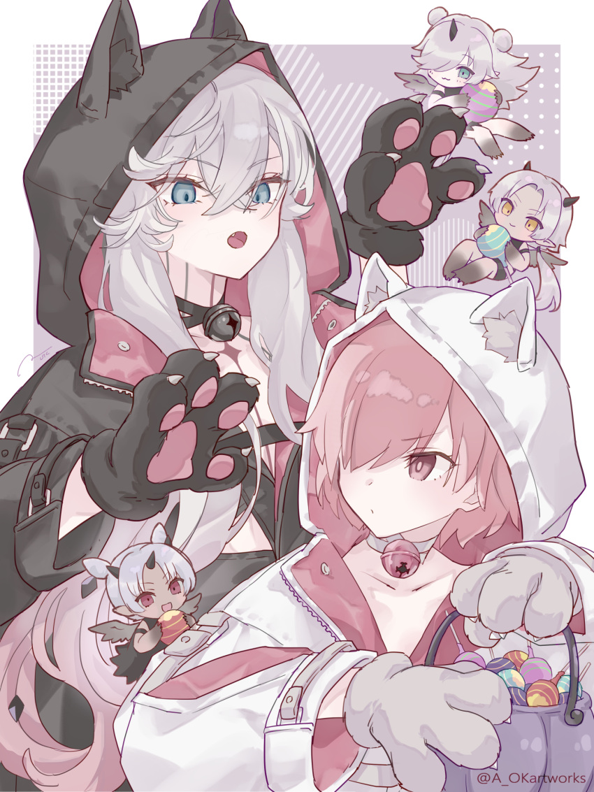 5girls, animal_ear_hood, animal_ears, animal_hands, aopix_001, black_hoodie, black_jacket, cat_ears, cat_paws, drei_(fate), eins_(fate), fake_animal_ears, fate/grand_order, fate_(series), green_eyes, hair_over_one_eye, highres, hood, hoodie, jacket, lilith_(fate), lilith_(first_ascension)_(fate), long_hair, long_sleeves, low_twintails, mash_kyrielight, multiple_girls, purple_hair, short_hair, twintails, violet_eyes, white_hoodie, zwei_(fate)