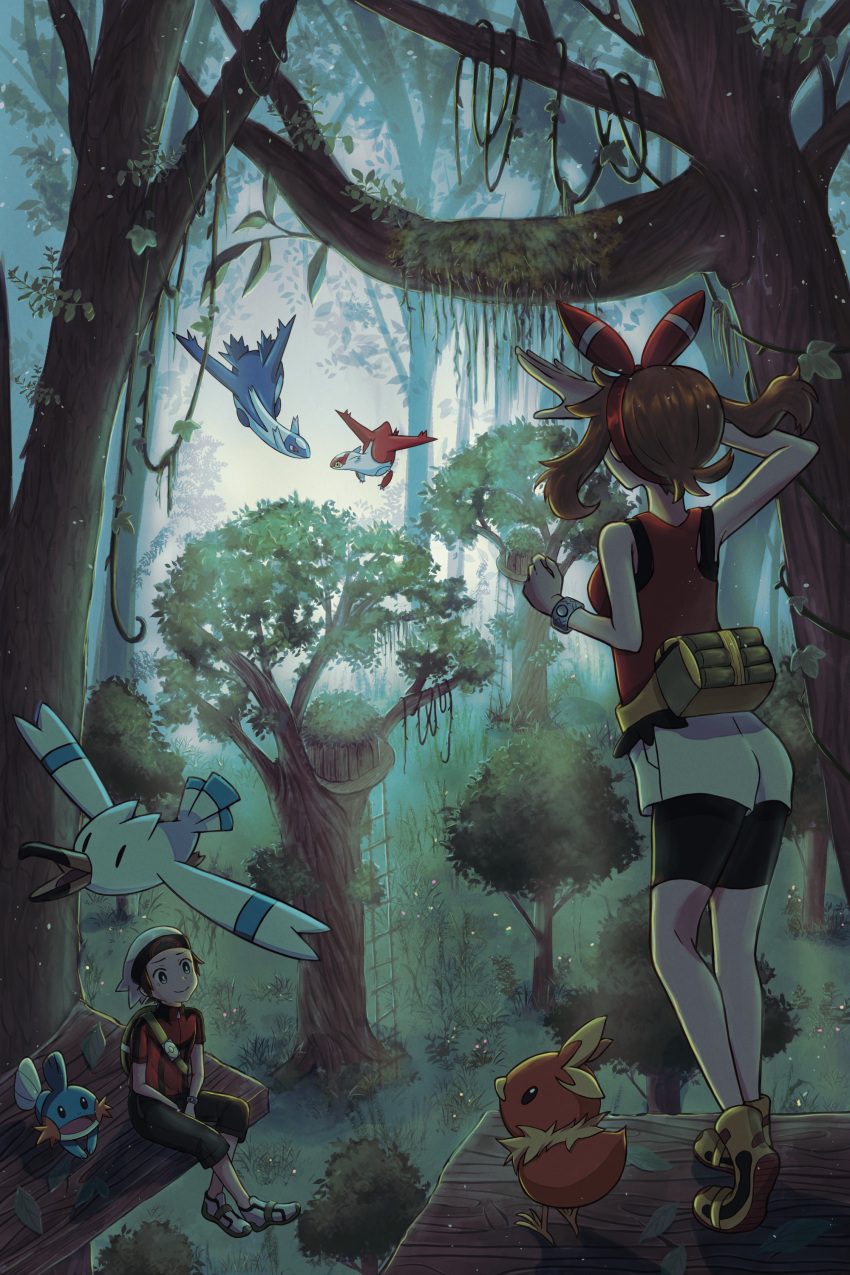 1boy, 1girl, absurdres, backpack, bag, bike_shorts, bike_shorts_under_shorts, black_pants