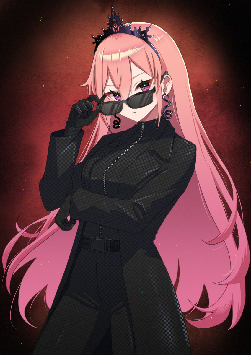 1girl, absurdres, black_coat, black_gloves, black_tiara, closed_mouth, coat, earrings