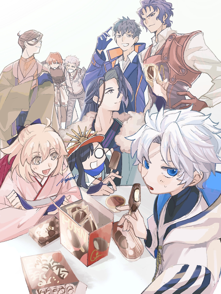 absurdres, ahoge, aqua_haori, black_bow, black_coat, black_gloves, black_hair, black_suit, blue_eyes, blush, bow, brown_gloves, brown_hair, brown_kimono, brown_vest, clothes_around_waist, coat, collared_coat, curtained_hair, dragon_print, eating, fate/grand_order, fate_(series), food, fur_shawl, glasses, gloves, grey_hair, hair_bow, hair_over_one_eye, hair_slicked_back, haori, harada_sanosuke_(fate), hat, highres, hijikata_toshizou_(fate), holding, holding_food, holding_ice_cream, ice_cream, jacket, jacket_around_waist, japanese_clothes, kimono, kondou_isami_(fate), kondou_isami_(white_kotetsu)_(fate), long_hair, looking_at_viewer, medallion, mini_nobu_(fate), multicolored_jacket, nagakura_shinpachi_(fate), nagatsuki_(huwamo9_8ku), oda_nobunaga_(fate), okita_souji_(first_ascension)_(fate), pants, partially_fingerless_gloves, peaked_cap, pink_kimono, red_hair, saitou_hajime_(fate), saitou_hajime_(first_ascension)_(fate), scar, scar_on_cheek, scar_on_face, scar_on_forehead, shawl, shinsengumi_(fate), shirt, sleeveless, suit, suit_jacket, sweat, toudou_heisuke_(fate), triple_vertical_stripe, two-tone_jacket, vest, wavy_hair, white_hair, white_pants, white_shirt, yamanami_keisuke_(fate), yellow_eyes