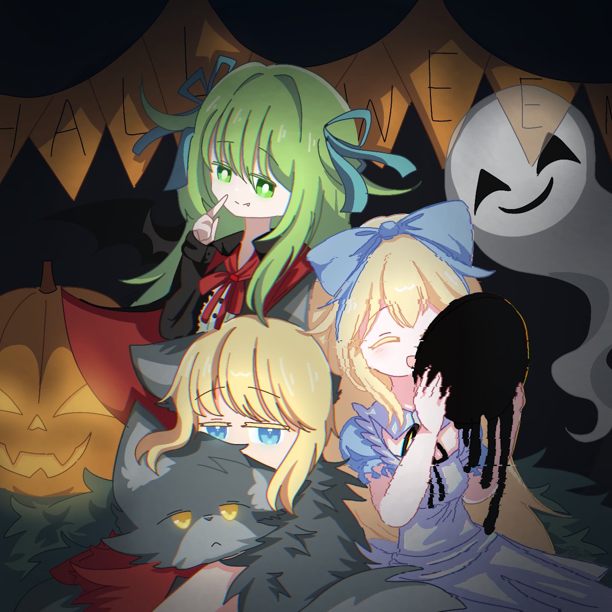 1boy, 3girls, alice_(black_souls), animal, animal_costume, animal_ears, apron, black_background