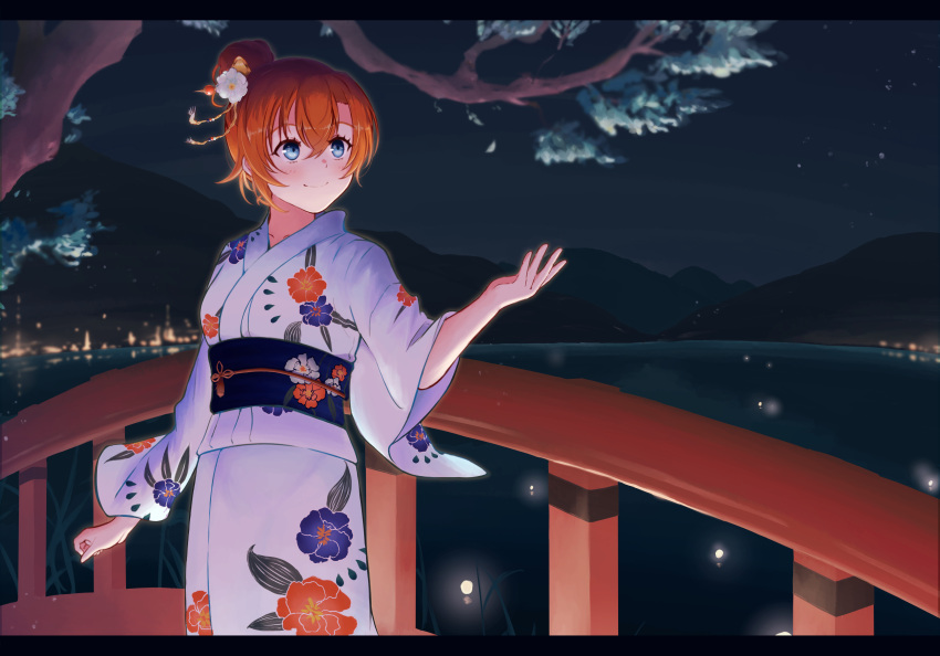 1girl, absurdres, alternate_hairstyle, blue_eyes, blurry, blurry_background, bridge, commentary, cowboy_shot, floral_print, floral_print_kimono, flower, hair_between_eyes, hair_bun, hair_flower, hair_ornament, hand_up, highres, japanese_clothes, kanzashi, kimono, kosaka_honoka, lantern, letterboxed, light_blush, looking_at_object, love_live!, love_live!_school_idol_project, mountain, mountainous_horizon, night, obi, omaru_(star-puratina-jojo-0419), orange_hair, outdoors, print_kimono, sash, smile, solo, standing, tama_kanzashi, town, tree, tsumami_kanzashi, water, white_kimono, wide_sleeves, yukata