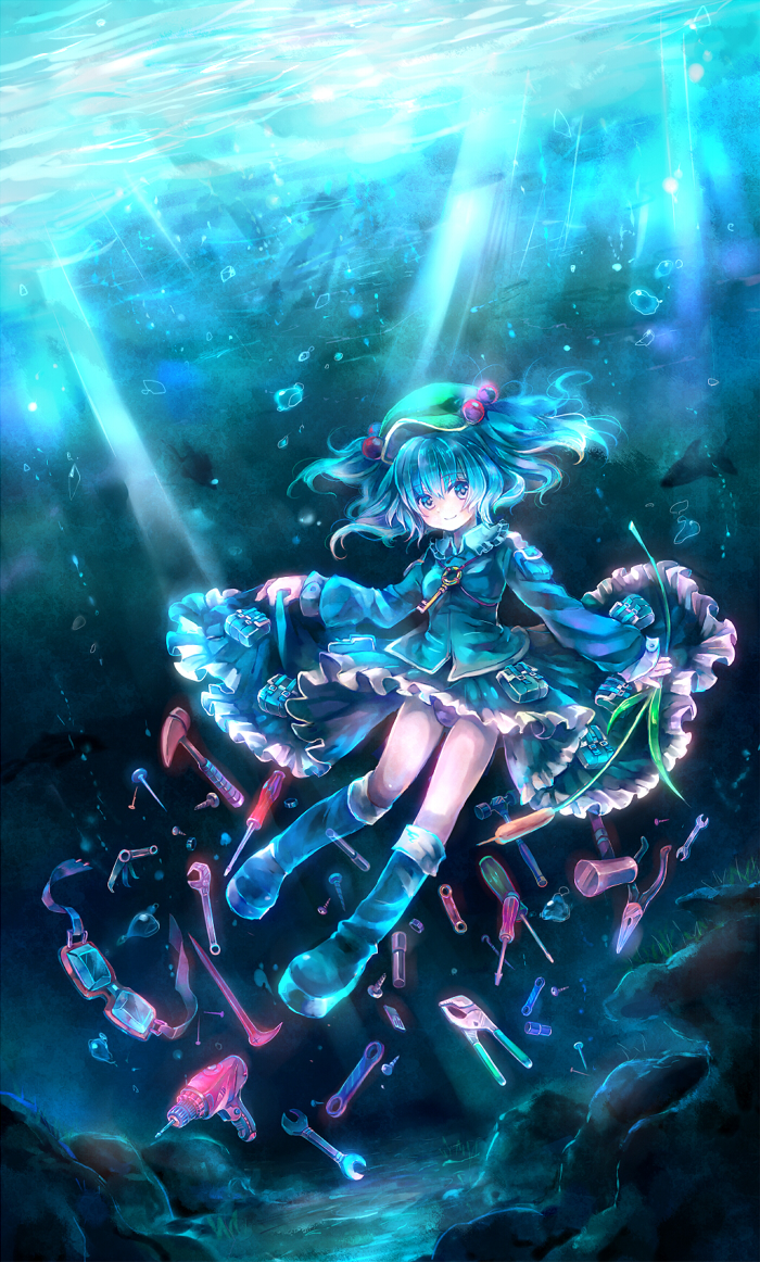 blue_eyes, blue_hair, bubble, cattail, double_sided_wrench, dress, drill, electric_screwdriver
