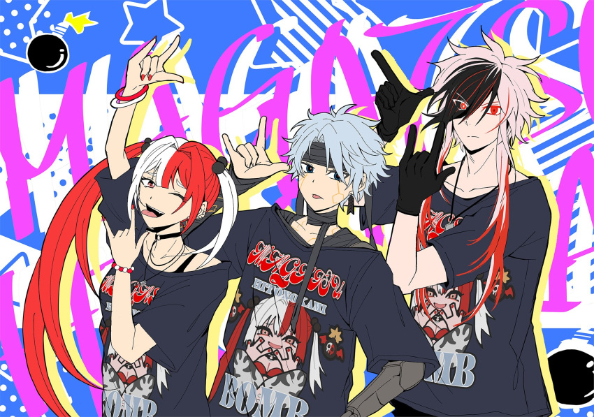 1girl, 2boys, \n/, alternate_costume, bandaged_arm, bandaged_neck, bandages, black_bandages