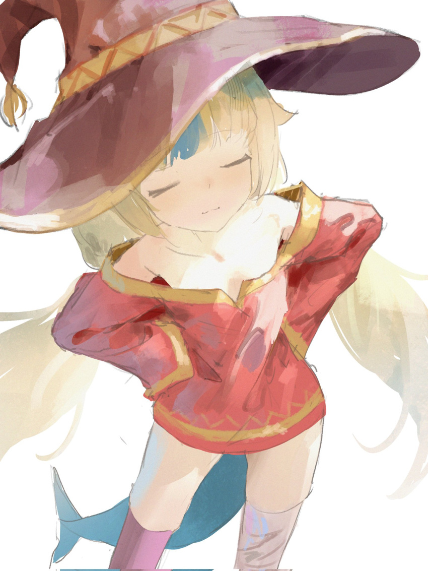 1girl, alternate_costume, bandaged_leg, bandages, black_hat, black_thighhighs, blonde_hair, blue_hair, blue_streaks, blunt_bangs, closed_eyes, commentary, cosplay, deeno, dress, english_commentary, fins, fish_tail, hands_on_own_hips, hat, highres, hololive, hololive_english, kono_subarashii_sekai_ni_shukufuku_wo!, long_hair, megumin, megumin_(cosplay), multicolored_hair, off-shoulder_dress, off_shoulder, red_dress, sameko_saba, short_dress, simple_background, single_thighhigh, solo, streaked_hair, tail, thigh-highs, very_long_hair, virtual_youtuber, white_background, witch_hat