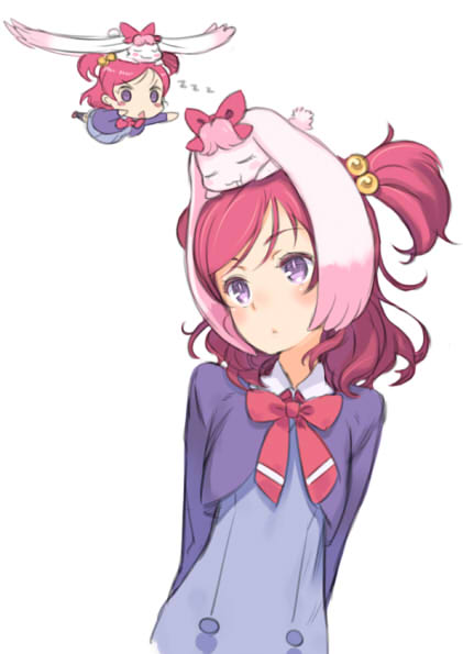 hair_bobbles, hair_ornament, kuroboshi_kouhaku, milk_(precure_5), pink_hair, precure, purple_eyes, school_uniform, short_twintails, sleeping, twintails, two_side_up, violet_eyes, yes!_precure_5, yumehara_nozomi