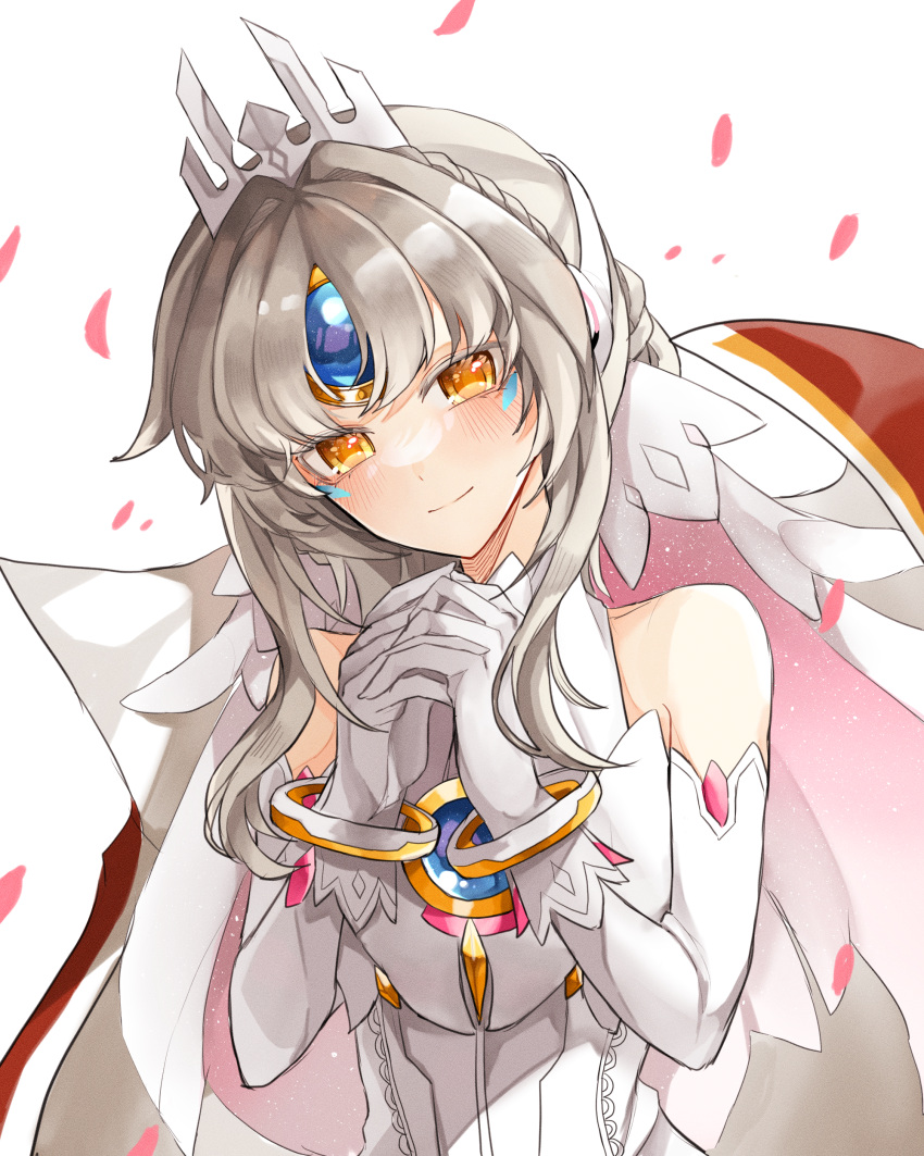 1girl, absurdres, android, bare_shoulders, blush, chest_jewel, code:_esencia_(elsword), commentary_request, detached_sleeves, elsword, eve_(elsword), facial_mark, forehead_jewel, gloves, grey_hair, highres, korean_commentary, looking_at_viewer, own_hands_together, petals, purimon, simple_background, solo, white_background, white_gloves, yellow_eyes